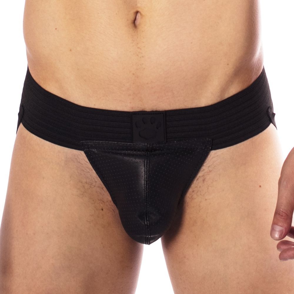Prowler RED Hole Punch Jock Black L Front close-up of black Prowler RED hole punch jock in large