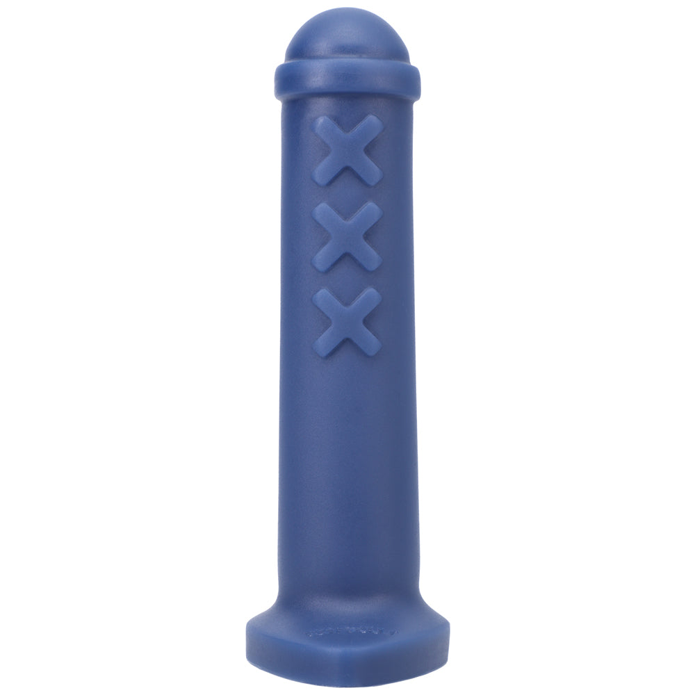 Tantus Amsterdam Junior Soft Dildo Ocean Blue (Bag) Front view of ocean blue Amsterdam Junior with raised triple-X motif
