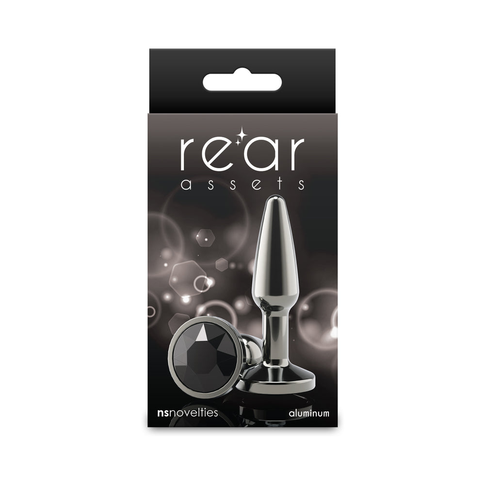 Rear Assets Tapered Plug Gunmetal/Black Small Small gunmetal Rear Assets tapered aluminum plug with dark jewel base on box