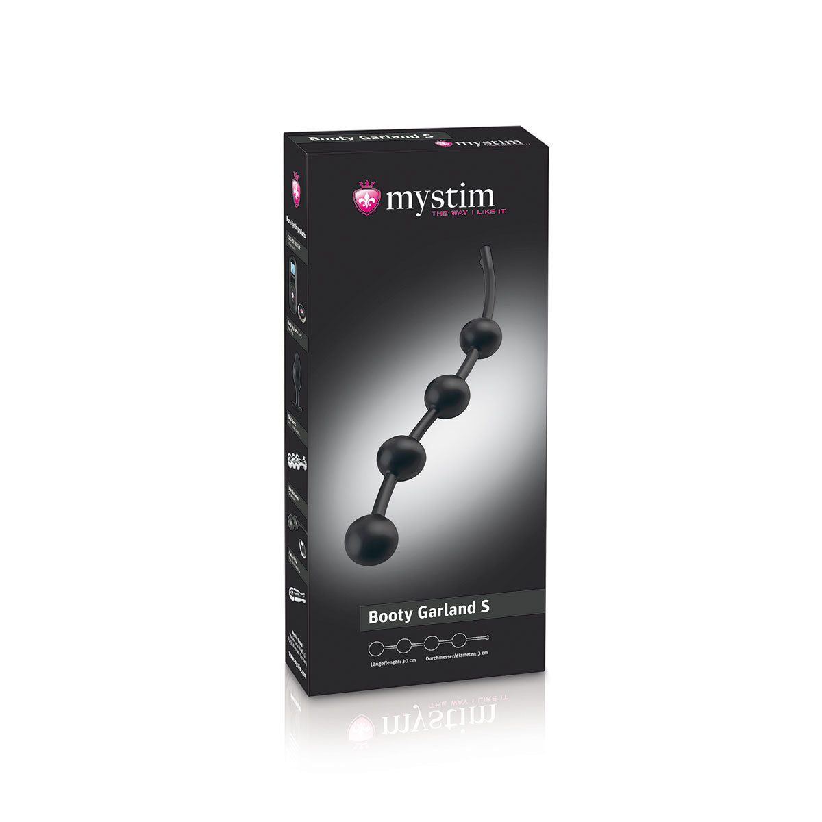 Mystim Booty Garland Small Anal Beads black Mystim Booty Garland with four graduated beads pictured on its retail box