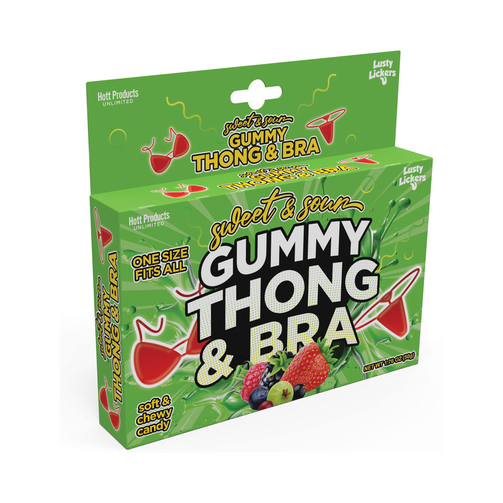 Sweet & Sour Gummy Thong and Bra green Sweet and Sour Gummy Thong and Bra box with fruit graphics and candy lingerie illustration