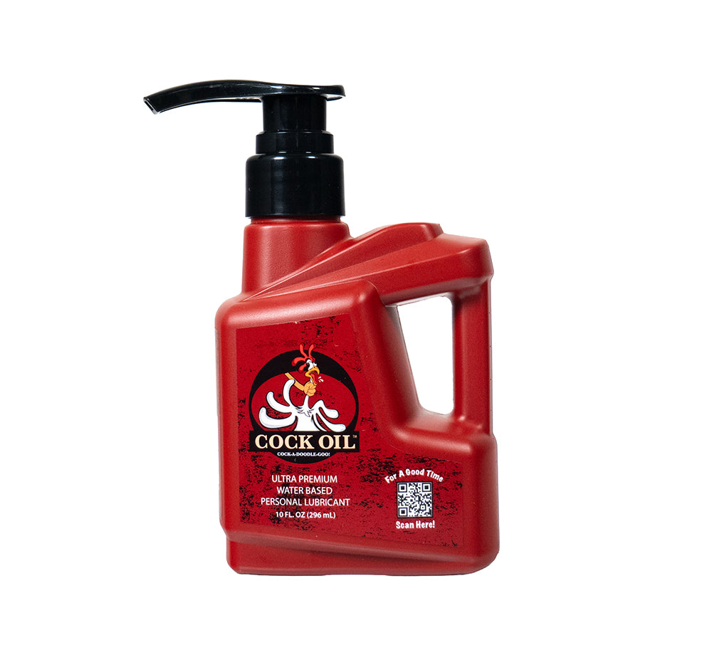 Cock Oil Water-Based Lubricant Plastic Bottle with Pump Top 10 oz. Red 10 oz Cock Oil water-based lubricant bottle with black pump and handle