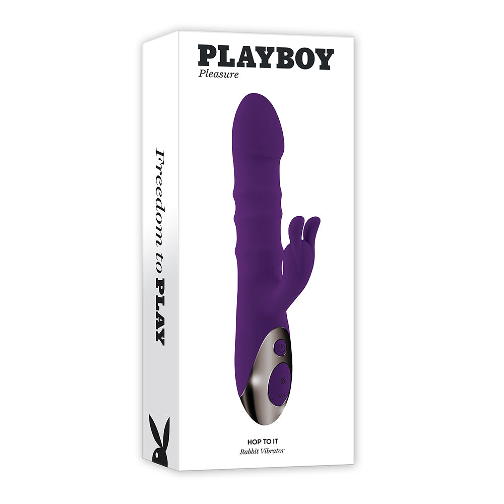 Playboy Hop To It Rechargeable Thrusting Silicone Dual Stimulation Vibrator Acai Playboy Hop To It purple thrusting rabbit vibrator front retail box