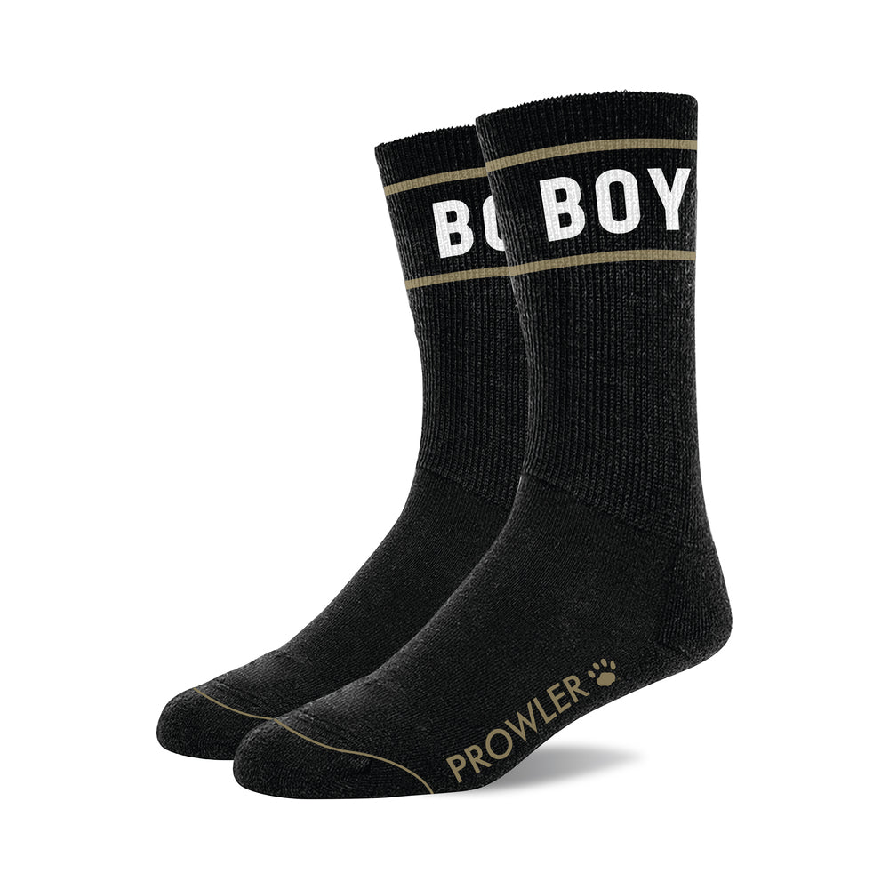 Prowler RED Boy Socks Prowler RED Boy black cotton crew socks pair with white BOY cuff lettering and gold-tone sole branding