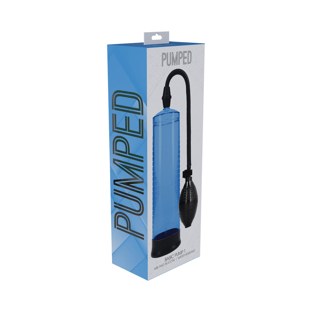 Pumped Basic Pump 1 Water Resistant Blue Blue Shots Pumped Basic Pump 1 with squeeze bulb displayed in retail box