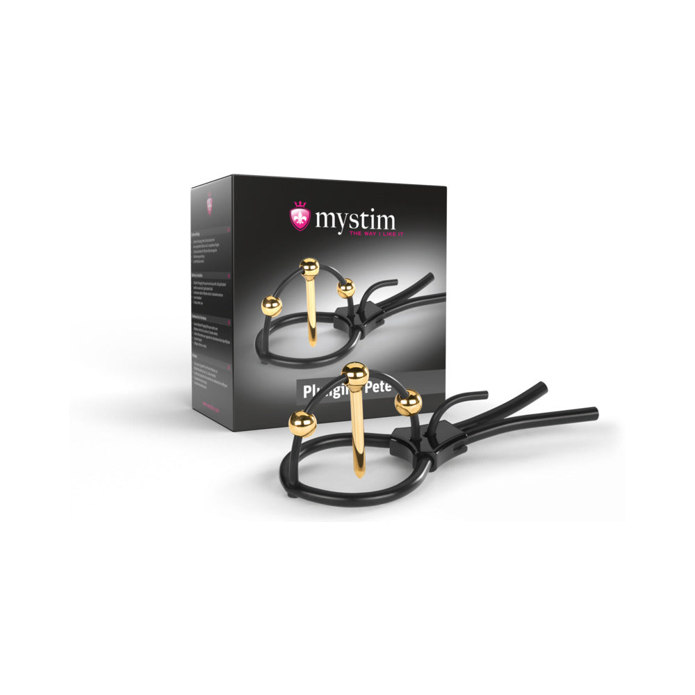 Mystim Plunging Pete Corona Glans Strap with Urethral Sound Mystim Plunging Pete corona strap with gold urethral sound and electrode posts beside black box