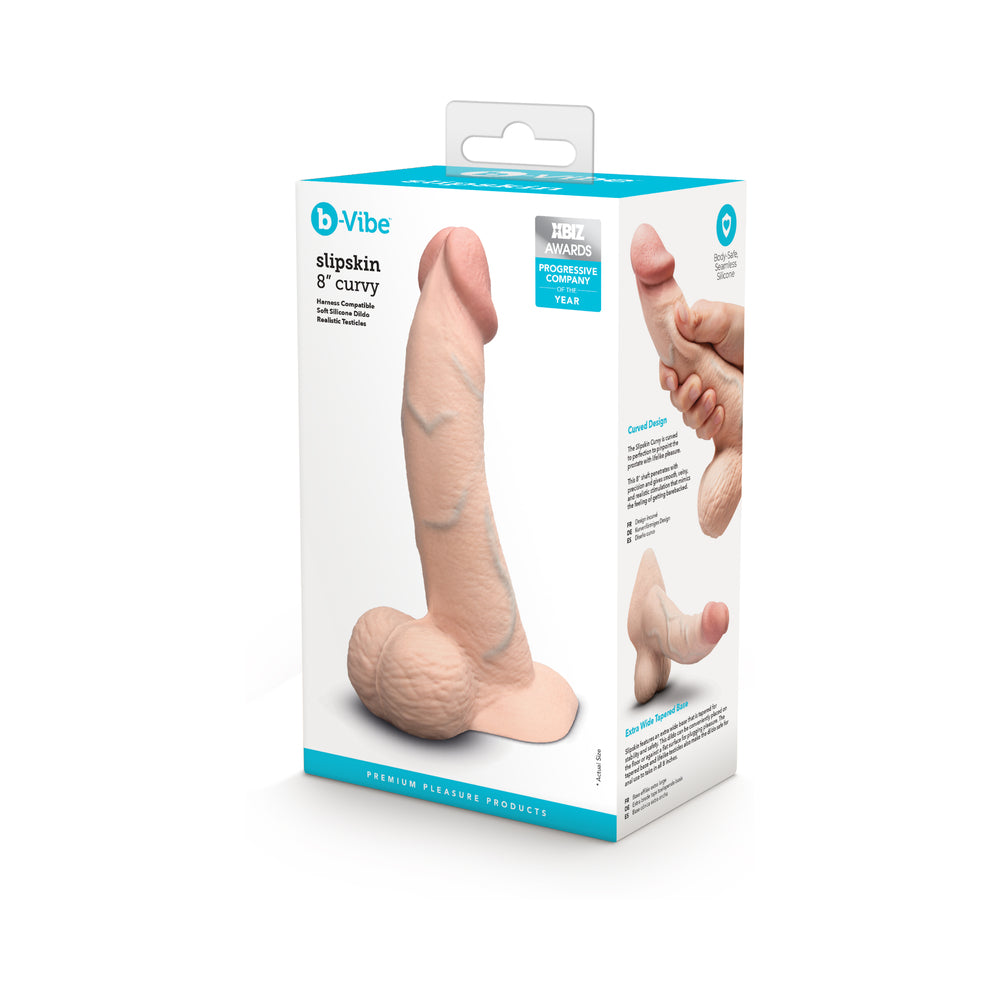 b-Vibe Slipskin Realistic Silicone Dildo 8 in. Curved Cream Cream 8-inch Slipskin Curvy dildo beside retail box