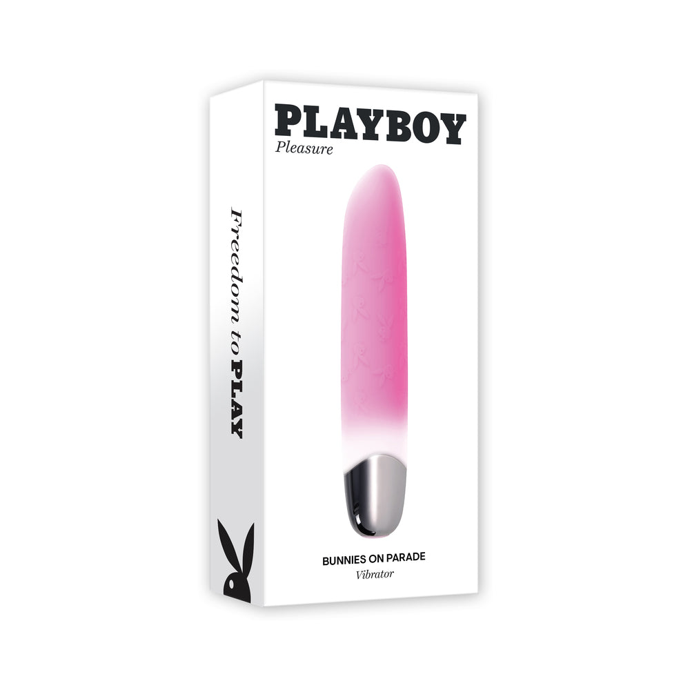 Playboy Bunnies On Parade Rechargeable Pink Playboy Bunnies On Parade pink bullet vibrator in tall white retail box