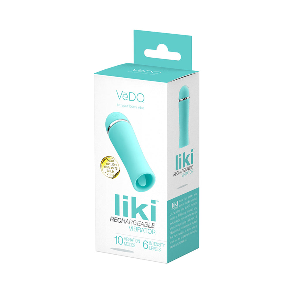 Vedo Liki Rechargeable Flicker Vibe Tease Me Turquoise Turquoise VeDO Liki Tease Me vibrator beside white retail box