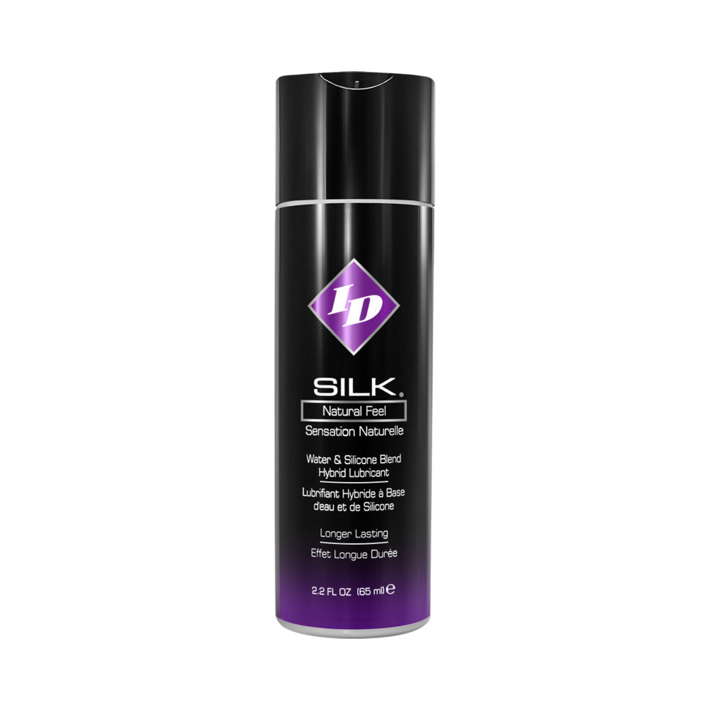 ID Silk Hybrid Lubricant 2.2 oz. ID Silk Hybrid Lubricant 2.2 oz tall black bottle with purple lower panel