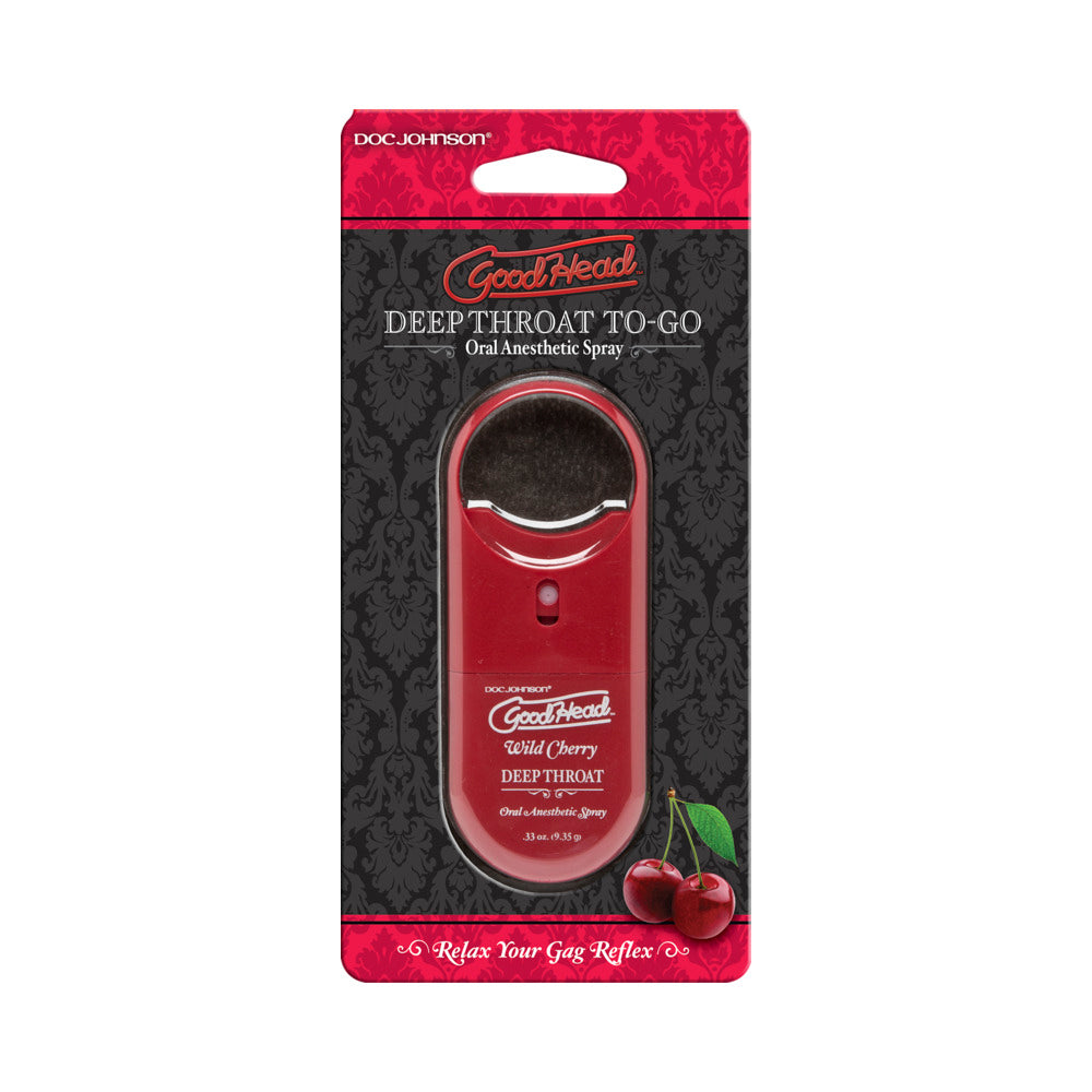 Goodhead to Go - Deep Throat Spray .33oz. Wild Cherry GoodHead To Go Wild Cherry Spray red bottle in black hanging card