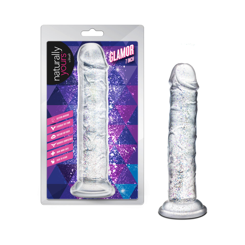 Naturally Yours Glamor Sparkling Clear Naturally Yours Glamor clear dildo beside retail pack