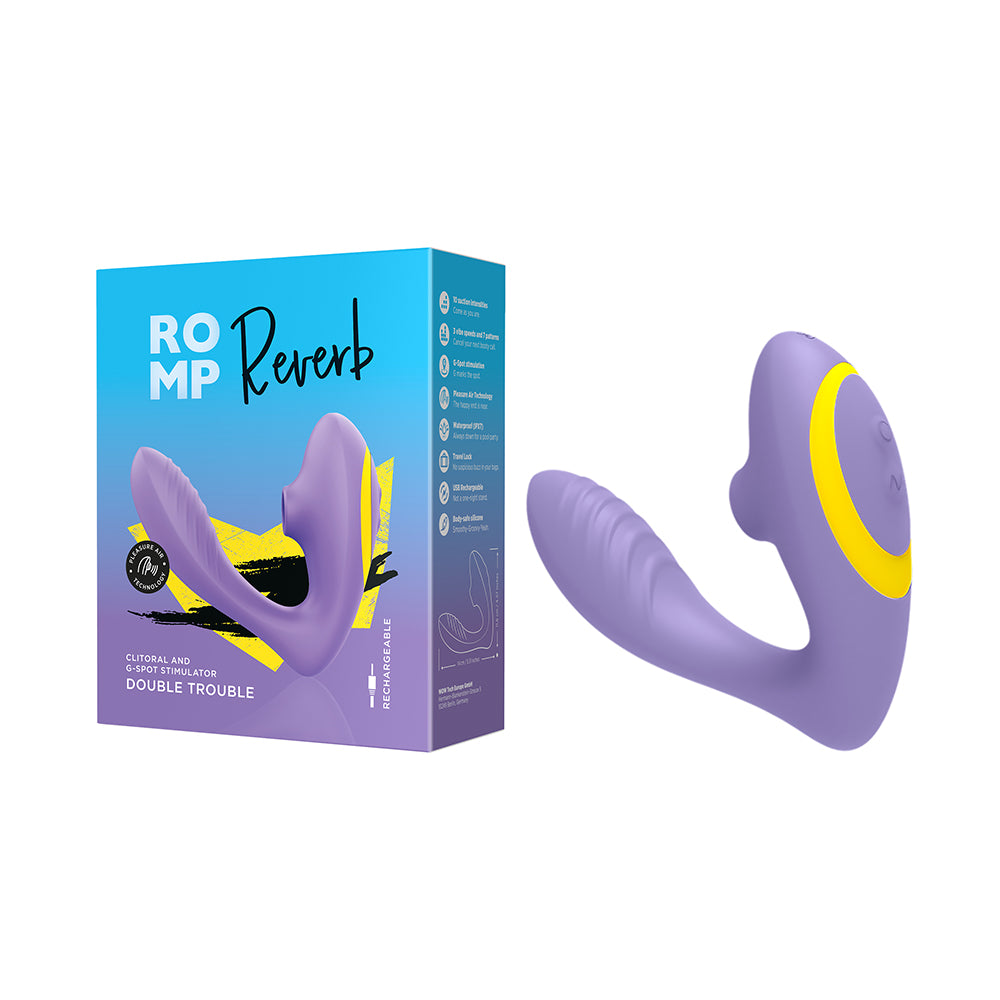 ROMP Reverb Rechargeable Silicone Clitoral and G-Spot Stimulator Purple purple ROMP Reverb dual stimulator beside blue retail box