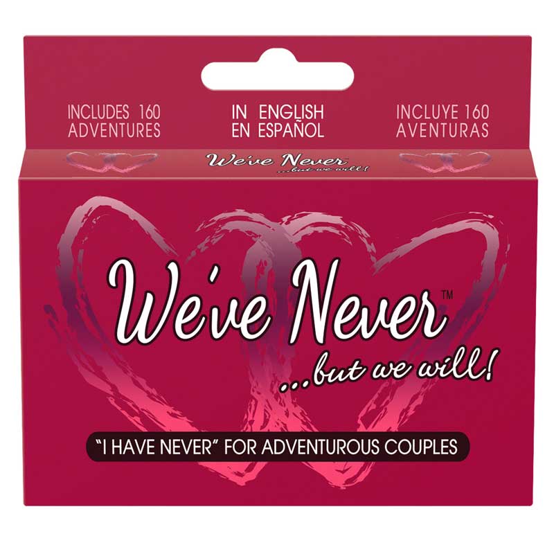 We''ve Never Game Kheper Games We’ve Never red hanging game box with heart graphics and white script