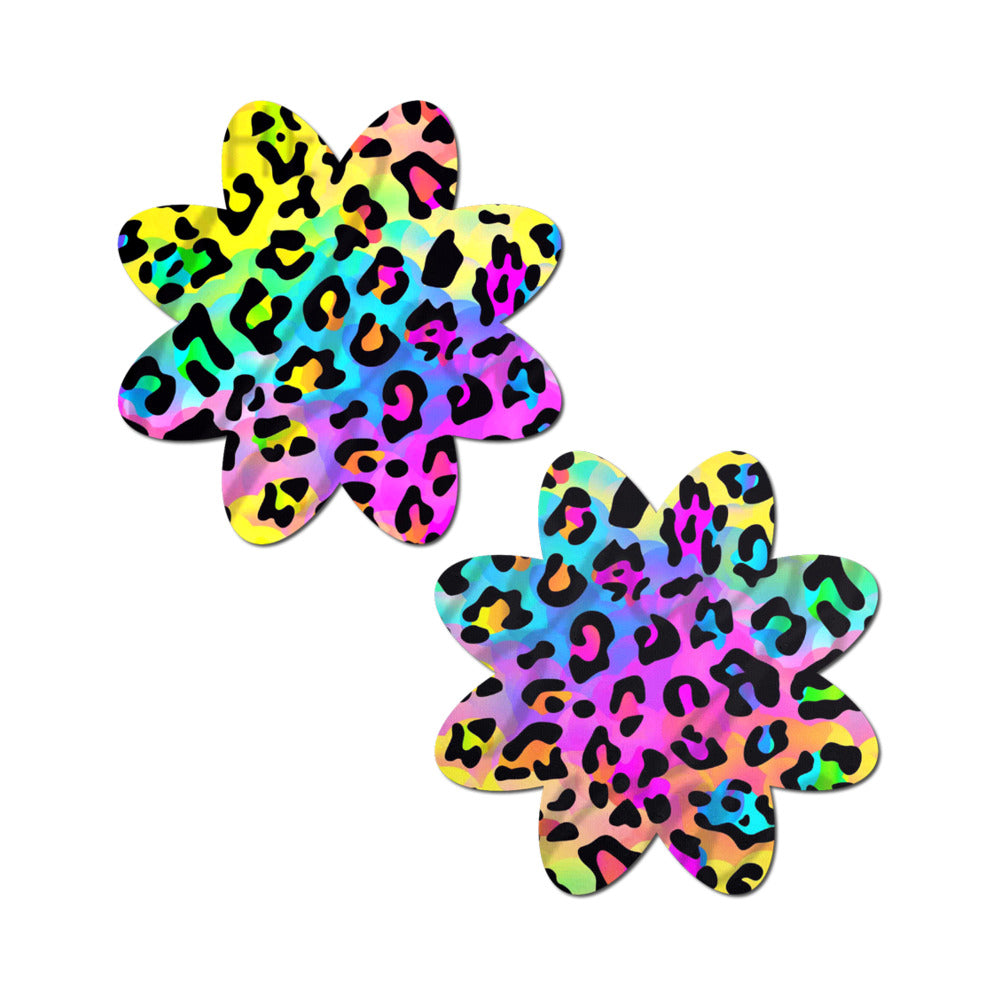 Pastease Rainbow Cheetah Leopard Print Petal Breast Pasties Pastease rainbow leopard print petal breast pasties matching pair with black animal spots over multicolor gradients