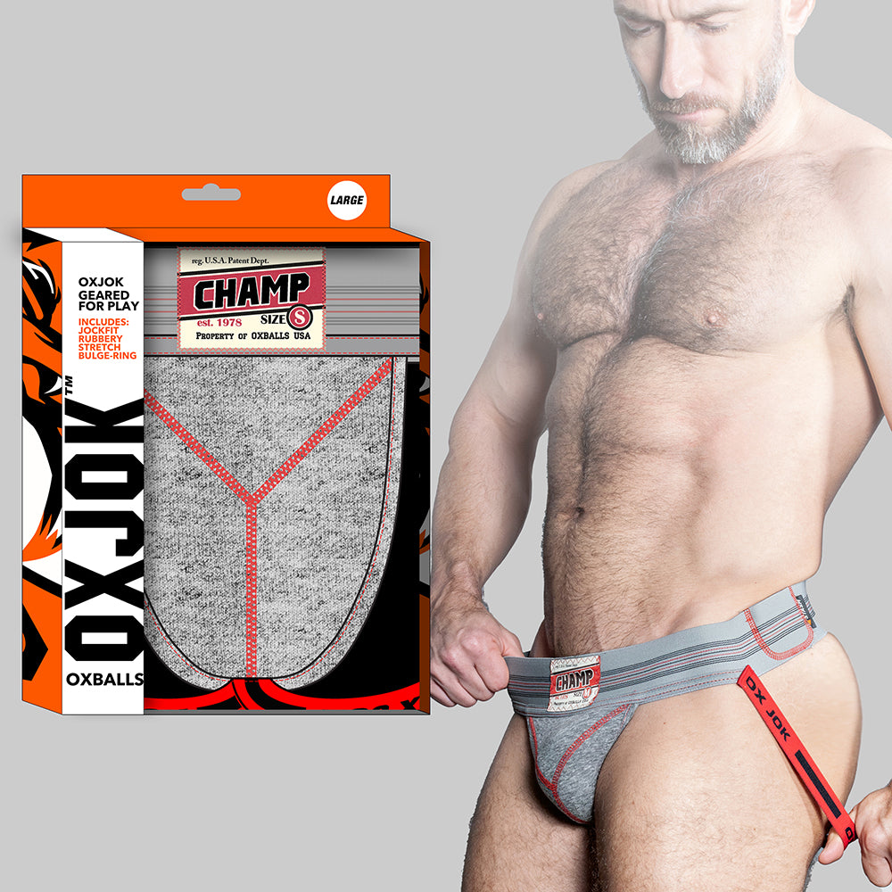 Oxballs Oxjok Champ Vintage Sweatshirt-Jock Gray Heather XL Oxballs Oxjok Champ gray heather jockstrap on model beside orange box