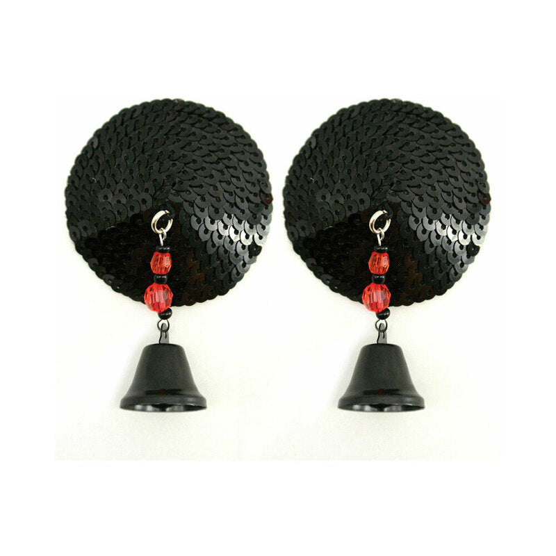 Bijoux de Nip Black Sequin Round Pasties with Bells pair of round black sequin pasties with red beads and bell charms