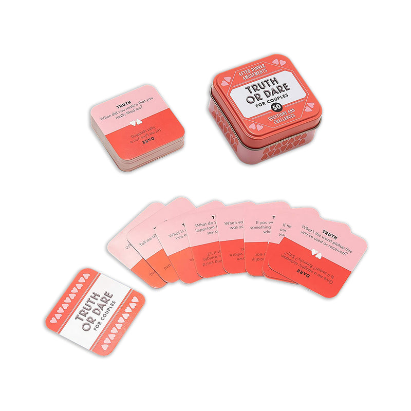 After Dinner Amusements Truth or Dare for Couples Game coral Truth or Dare tin surrounded by pink and red prompt cards