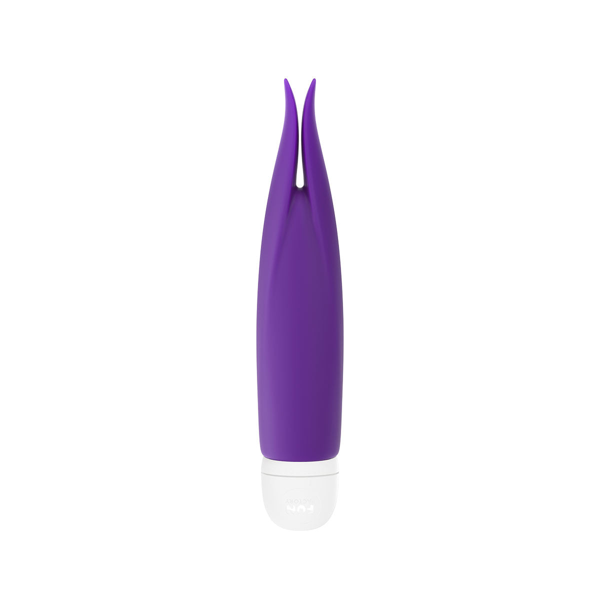 Fun Factory Volita Vibrator Violet Fun Factory Volita violet twin-tip vibrator upright front view with split tips and white base
