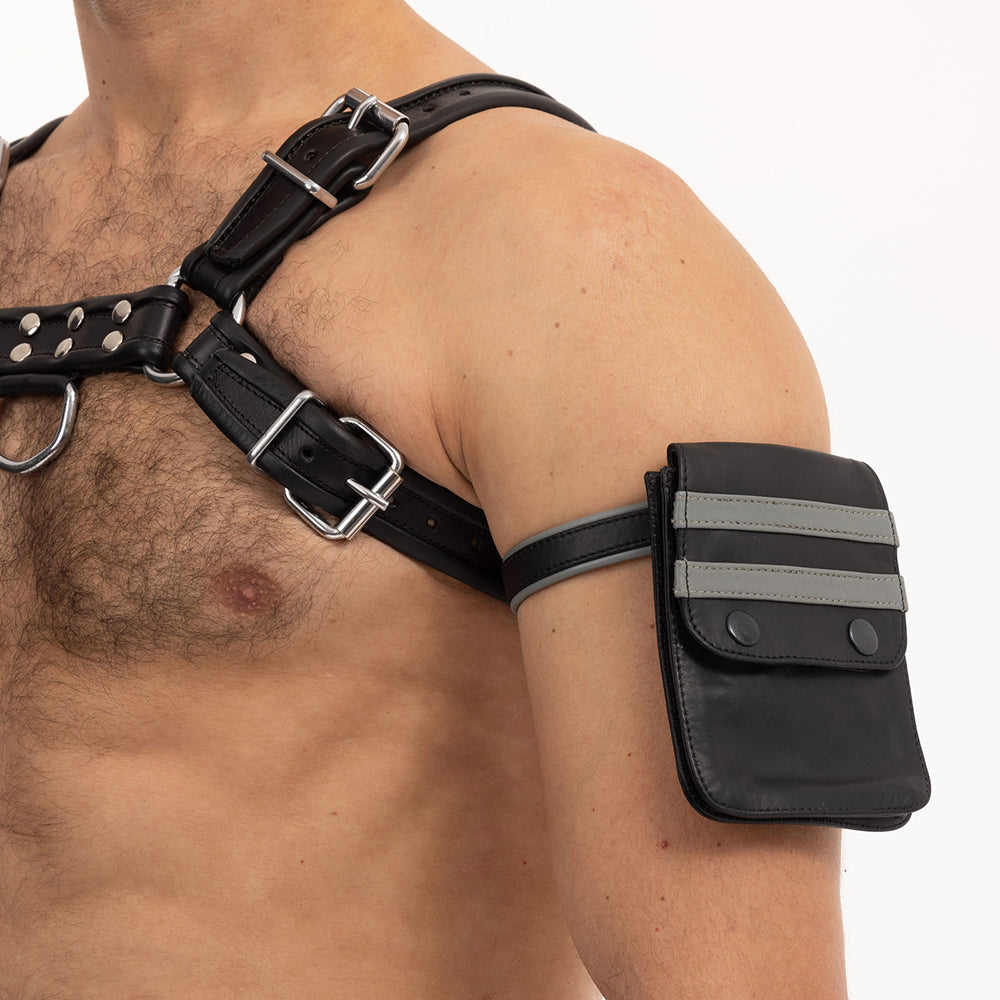 Prowler RED Leather Wallet Grey Black and grey Prowler RED leather wallet worn closed on upper arm