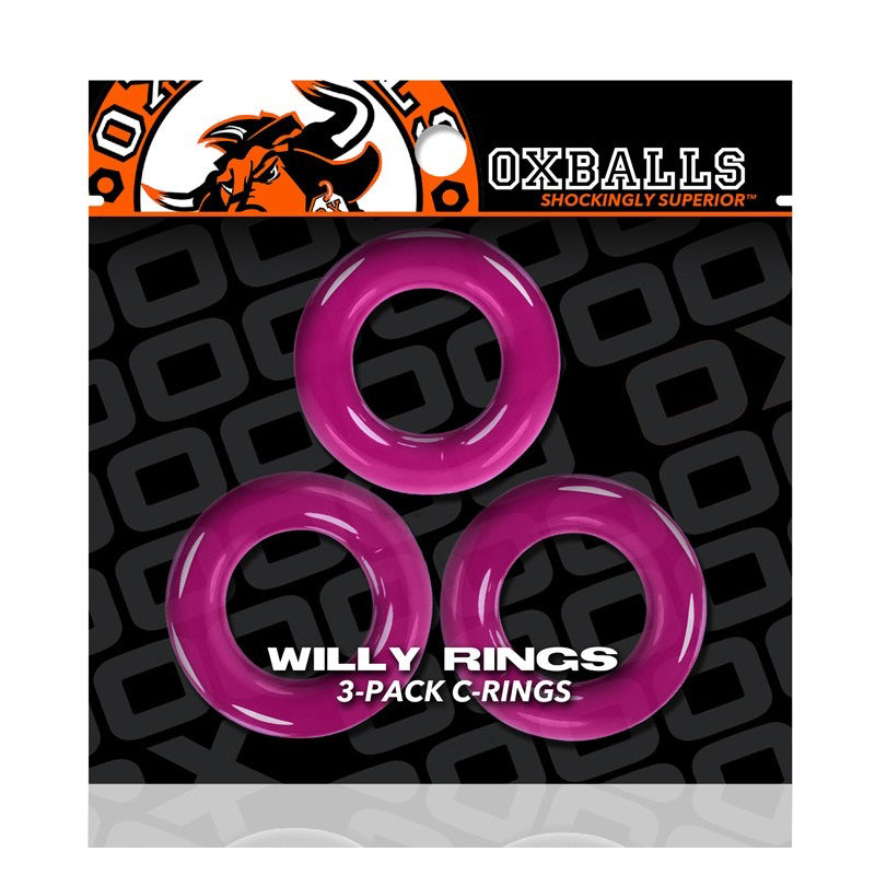 Oxballs Willy Rings 3-Pack Cockrings O/S Hot Pink Three hot pink Oxballs Willy Rings on patterned black retail card