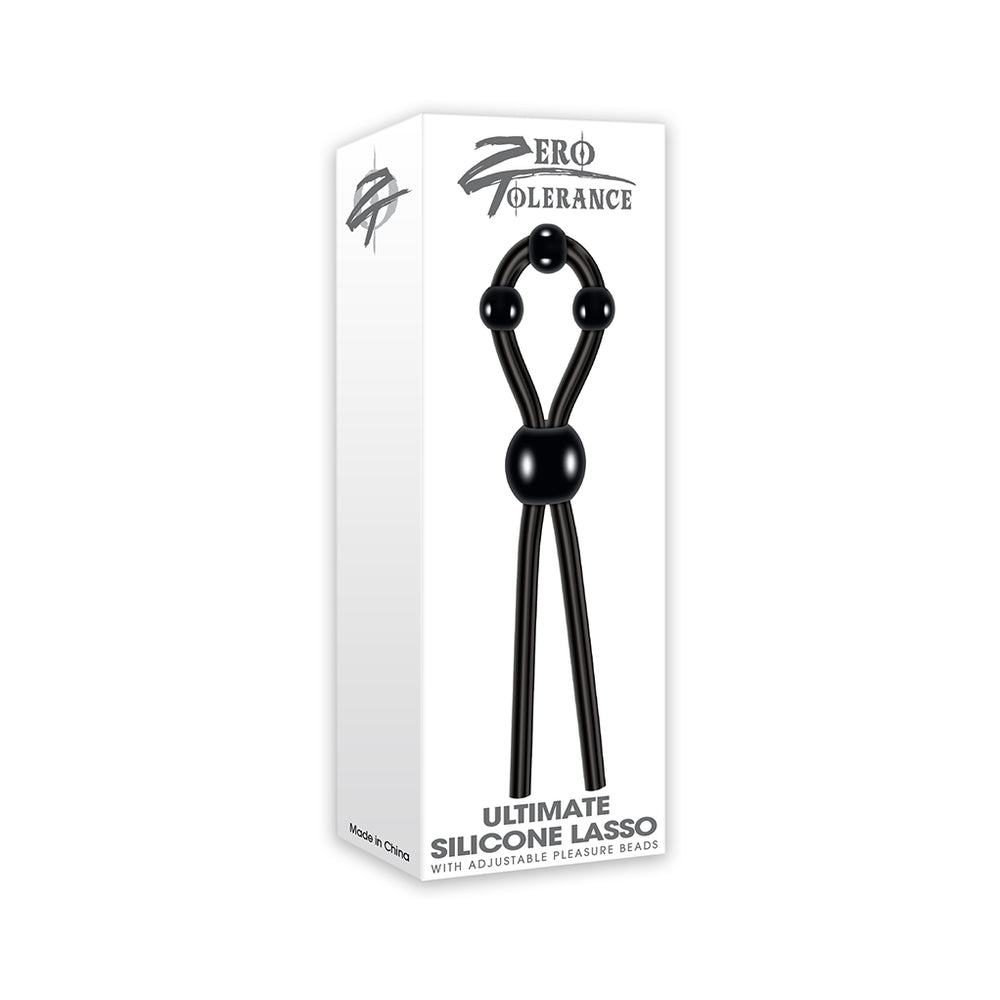Zero Tolerance Ultimate Silicone Lasso Adjustable Cockring Black Zero Tolerance Ultimate black silicone lasso white retail box with black beaded loop and long strap ends pictured