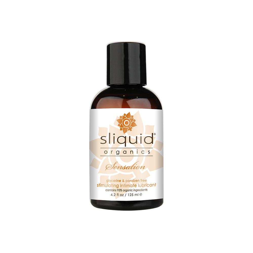 Sliquid Organics Sensation Warming Lubricant 4.2 oz. Amber 4.2 oz Sliquid Organics Sensation bottle with black cap and orange warming label