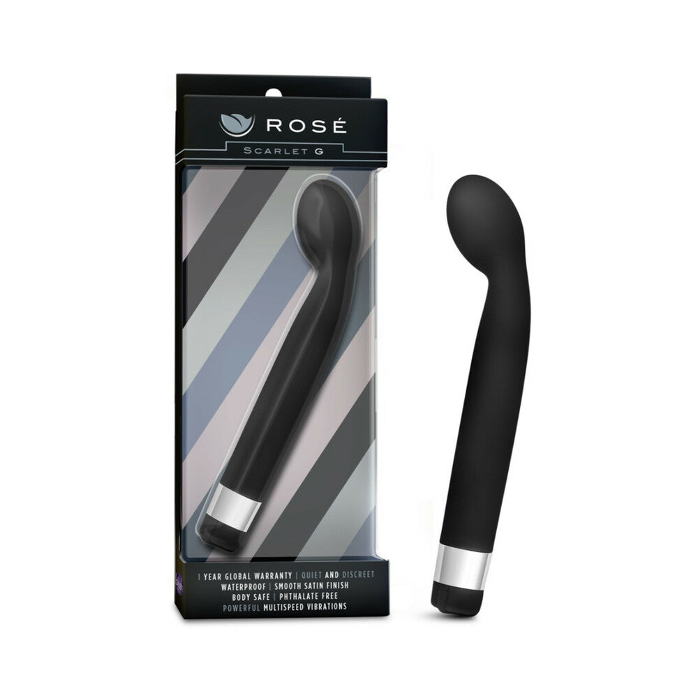 Rose Scarlet G Slimline G-Spot Vibrator Black Blush Rose Scarlet G Vibrator black vibrator beside striped retail box