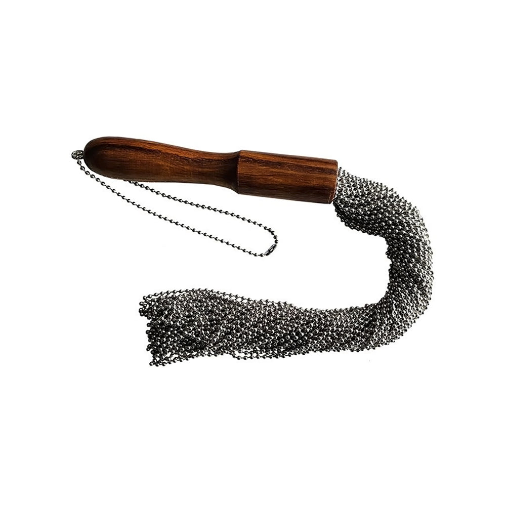 Rouge Beaded Metal Flogger Silver Rouge Garments silver ball-chain flogger full view with dark wooden handle