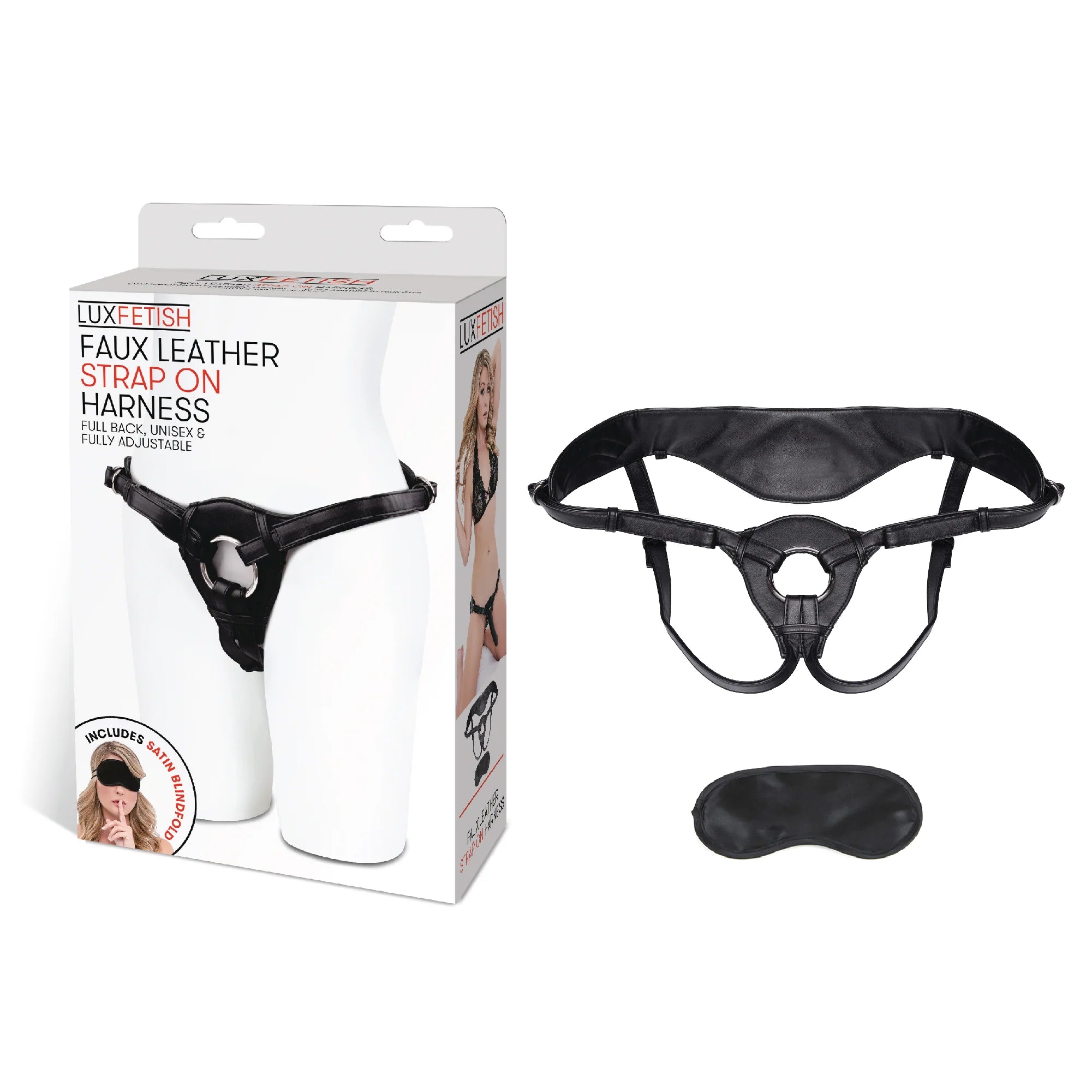 Lux Fetish Patent Leather Strap-On Harness Black Lux Fetish Black Faux Leather Harness white retail box beside harness and eye mask