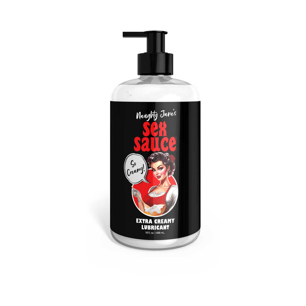 Naughty Jane''s Sex Sauce Extra Creamy Lubricant 16 oz. Naughty Jane's Sex Sauce Extra Creamy 16-ounce lubricant in clear bottle with black pump and illustrated label