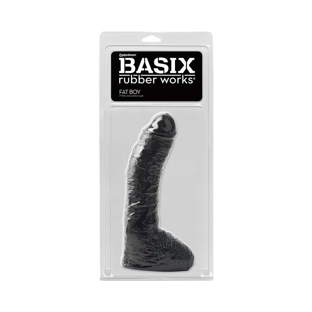 Basix Rubber Works Fat Boy 10 in. Dildo With Balls Black Basix Rubber Works Fat Boy black dildo in clear retail pack