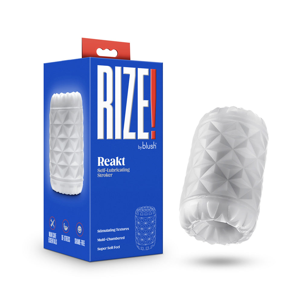 Rize Reakt Self-Lubricating Stroker White white Rize Reakt faceted stroker sleeve beside blue retail box