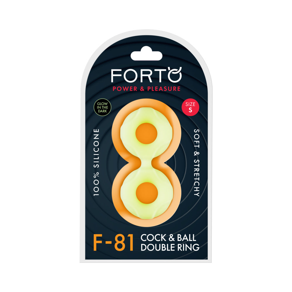 Forto F-81 Liquid Silicone Cock & Ball Double Ring Small Glow Forto F-81 small green double ring retail package front
