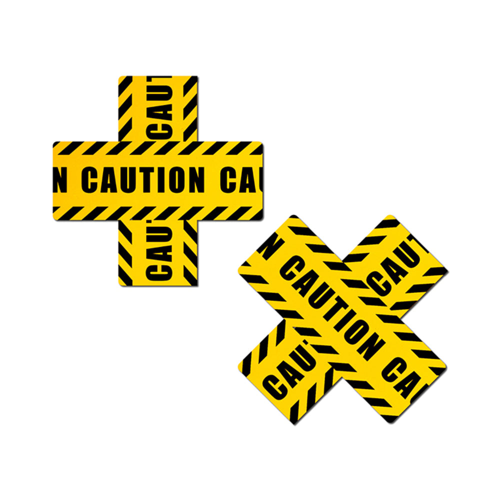 Pastease Crossed Caution Tape Nipple Pasties Yellow crossed caution-tape plus and X pasties pair