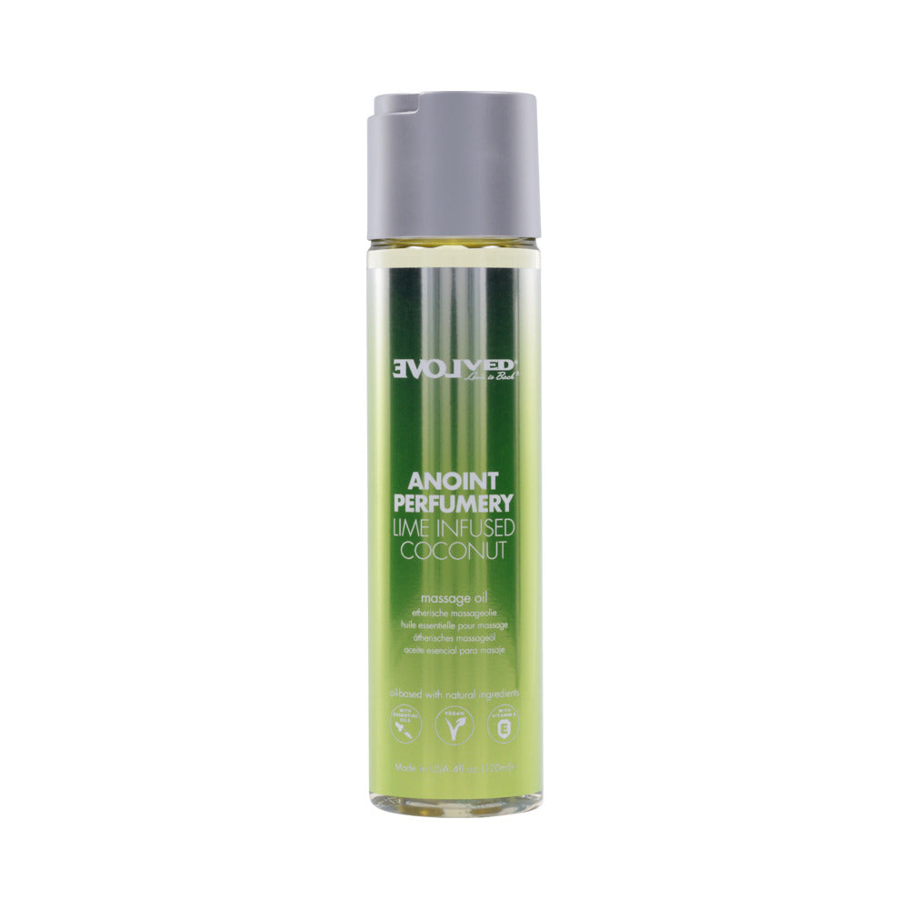 Evolved Anoint Perfumery Lime Infused Coconut Massage Oil 4 oz. front view of Evolved Anoint lime infused coconut massage oil bottle