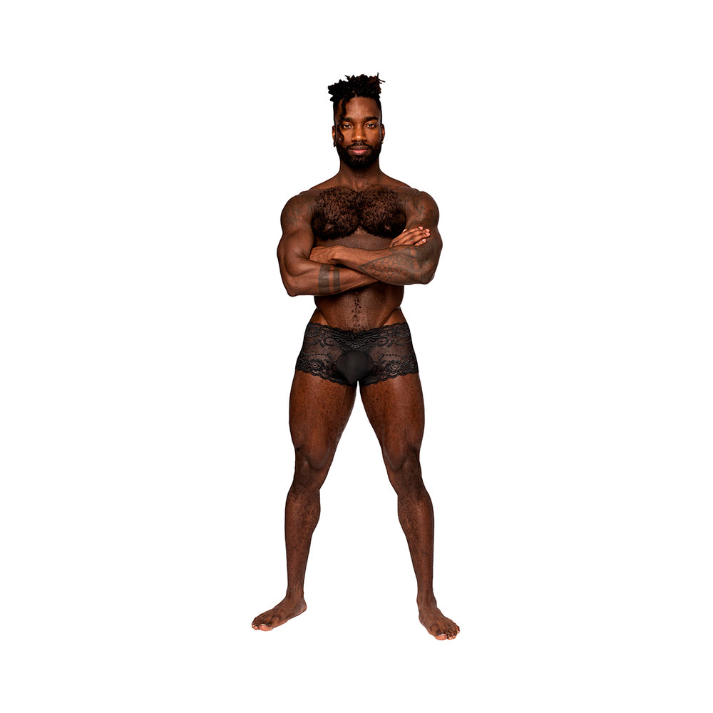 Male Power Sassy Lace Mini Short Sheer Pouch Black L Front view of black Sassy Lace sheer-pouch short in large