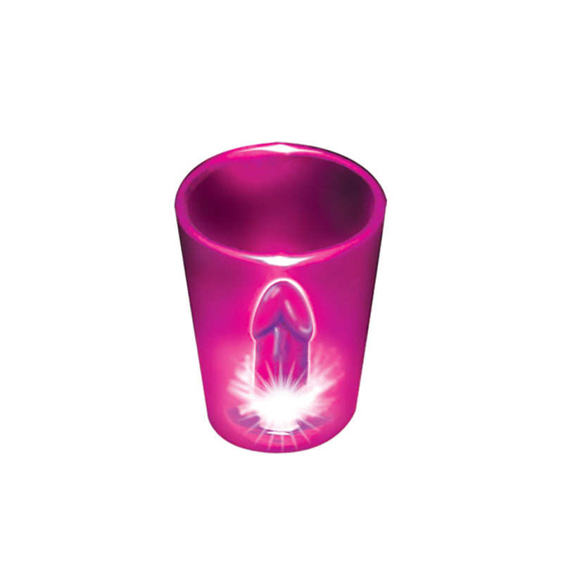 Light Up Shot Glasses Magenta Translucent magenta light-up shot glass with bright novelty graphic