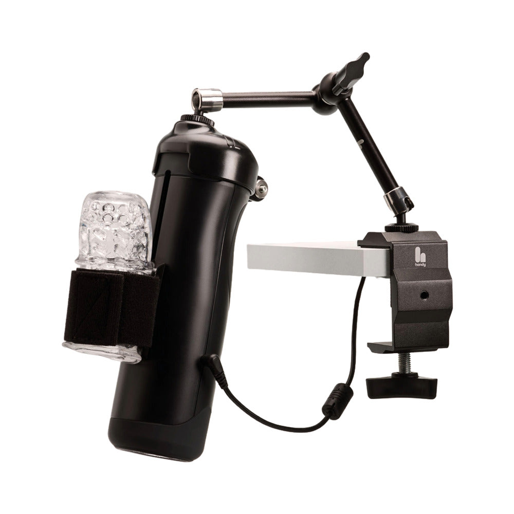 The Handy Handsfree Desk Mount The Handy device and sleeve supported by black desk mount