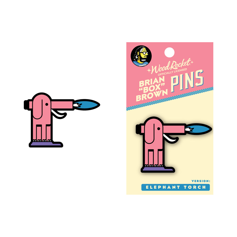 Pin Elephant Torch pink Wood Rocket Elephant Torch enamel pin beside its illustrated backing card