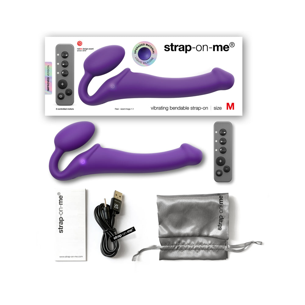 Strap-On-Me Rechargeable Remote-Controlled Silicone Vibrating Bendable Strap-On Purple M Purple medium Strap-On-Me set with remote, cable, pouch and box