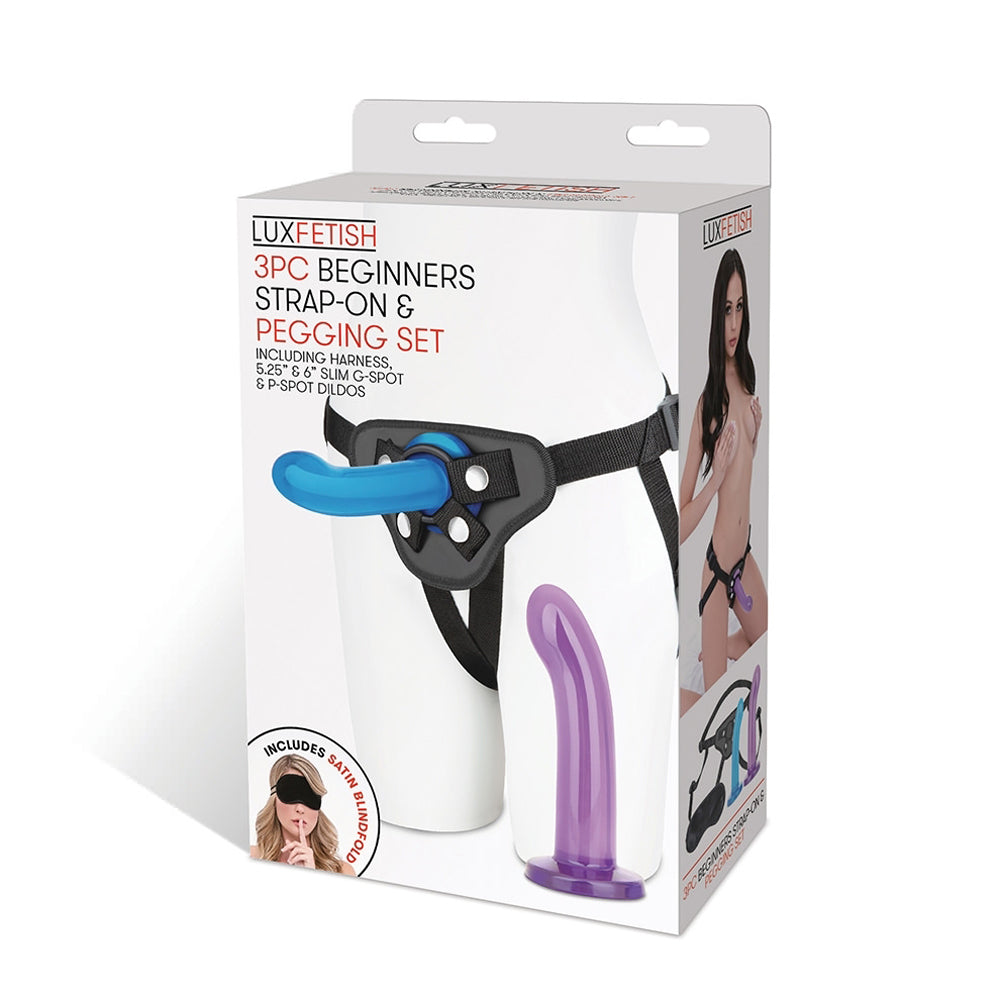 Lux Fetish 3-Piece Beginners Strap-On & Pegging Set Lux Fetish three-piece strap-on set in white retail box