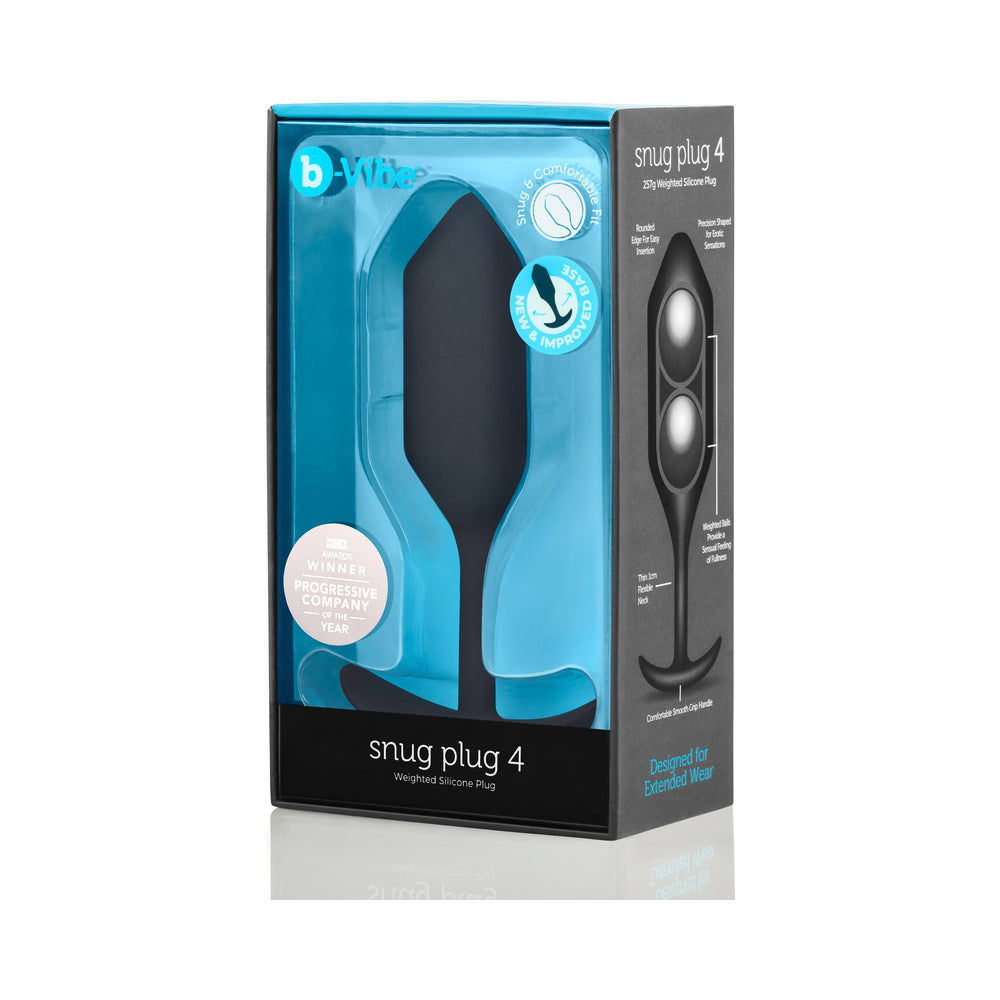 b-Vibe Snug Plug 4 Weighted Silicone Anal Plug Black Black b-Vibe Snug Plug 4 in tall black and turquoise retail box
