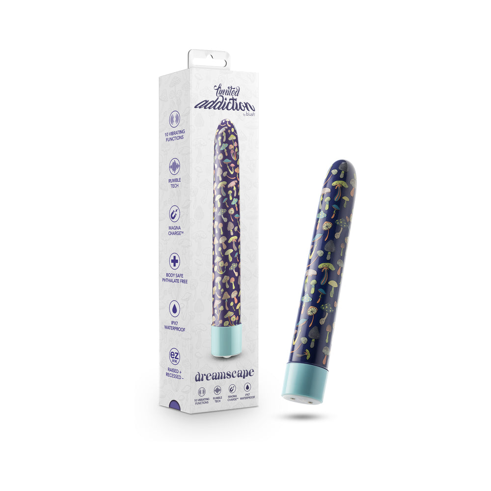 Limited Addiction Dreamscape Rechargeable 7 in. Vibrator Blue blue floral Limited Addiction Dreamscape vibrator beside white box