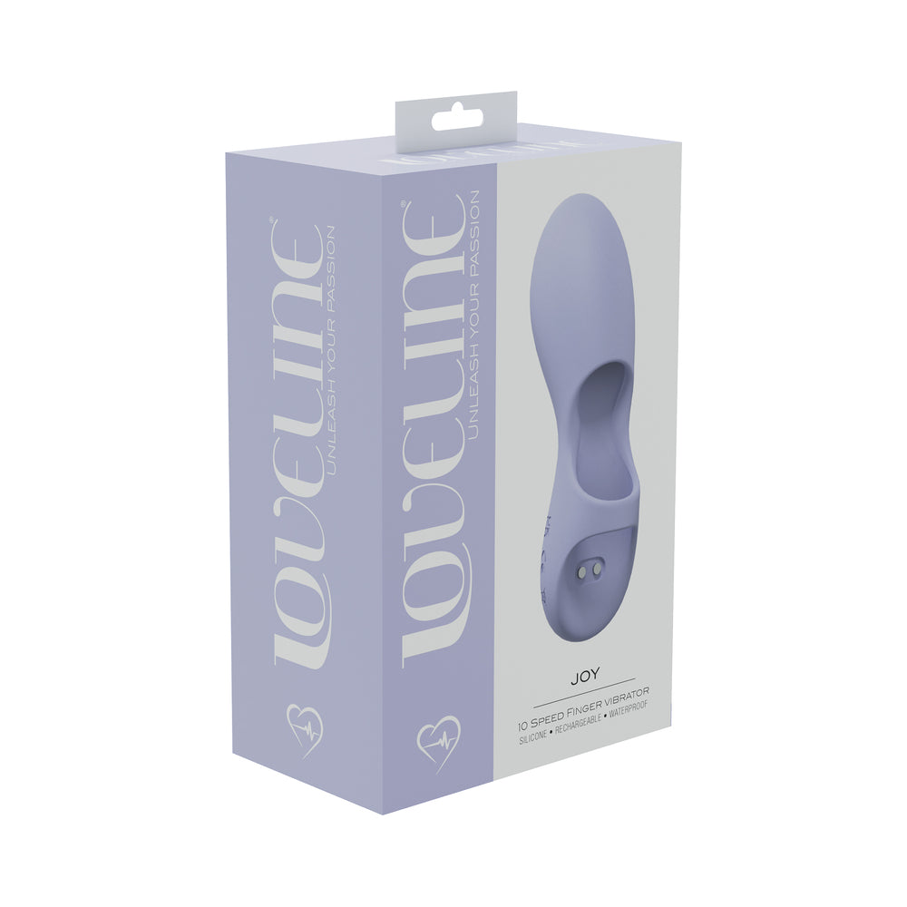 LoveLine Joy 10 Speed Finger Vibe Silicone Rechargeable Waterproof Lavender lavender LoveLine Joy finger vibrator with open loop on purple box