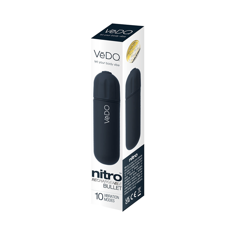 VeDO Nitro Rechargeable Bullet Vibe Black Black VeDO Nitro rechargeable bullet vibrator displayed in white retail box