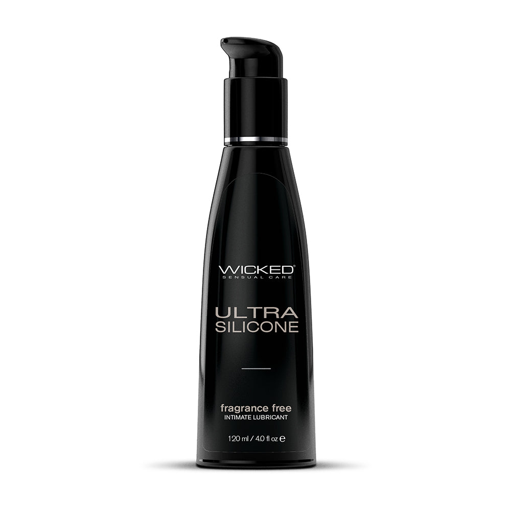 Wicked Ultra Silicone Lubricant 4 oz. Wicked Ultra Silicone 4 oz tall black pump bottle front