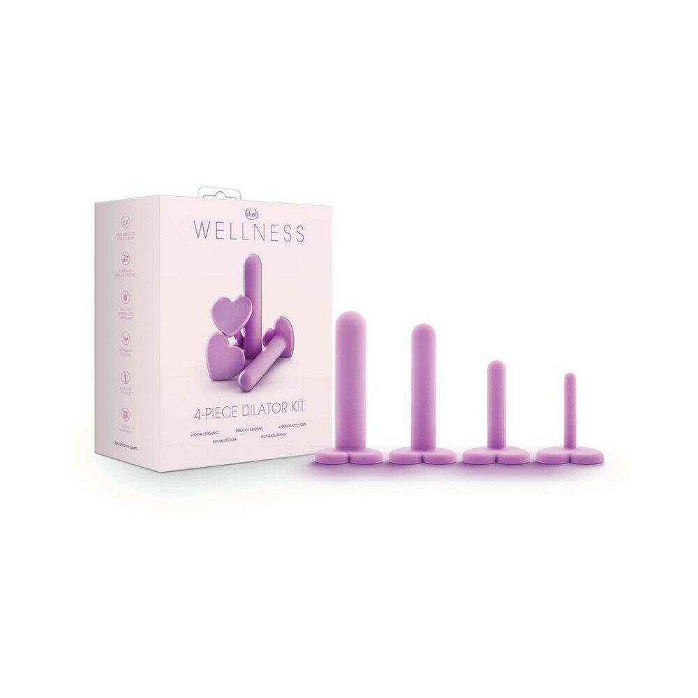 Wellness 4-Piece Silicone Dilator Kit Purple Blush Wellness 4-piece dilator kit beside pale retail box with four graduated pieces