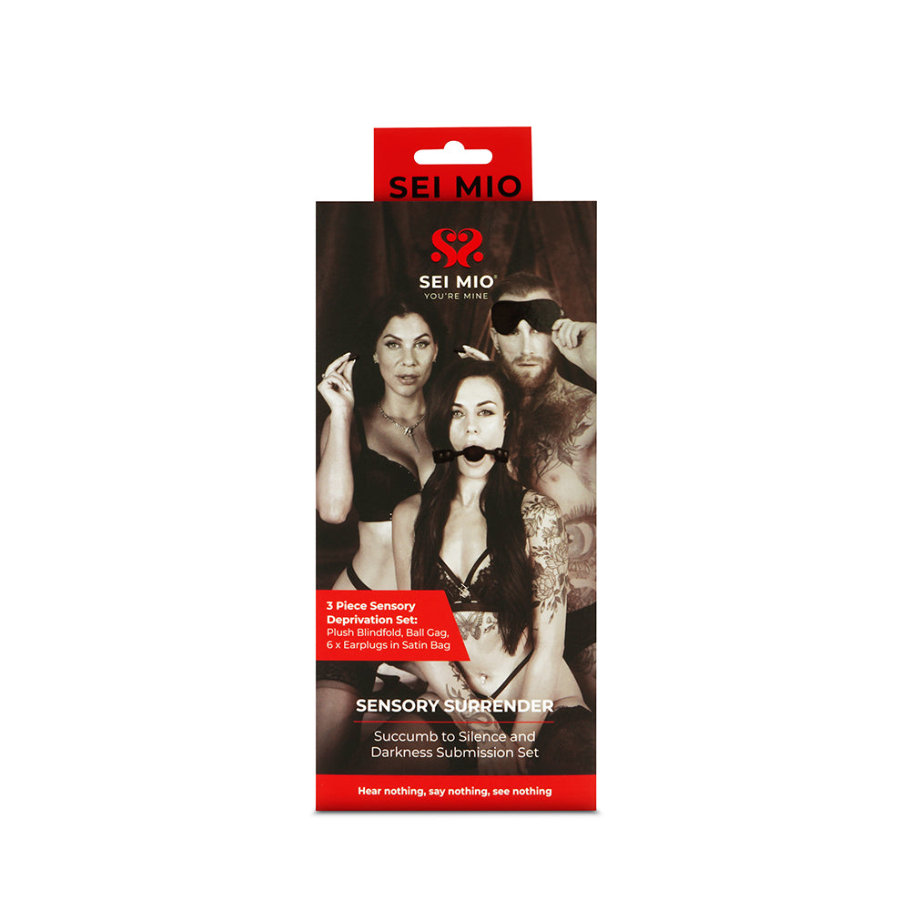 SEI MIO Sensory Surrender Blindfold, Gag and Earplug Kit SEI MIO Sensory Surrender three-piece kit in retail package