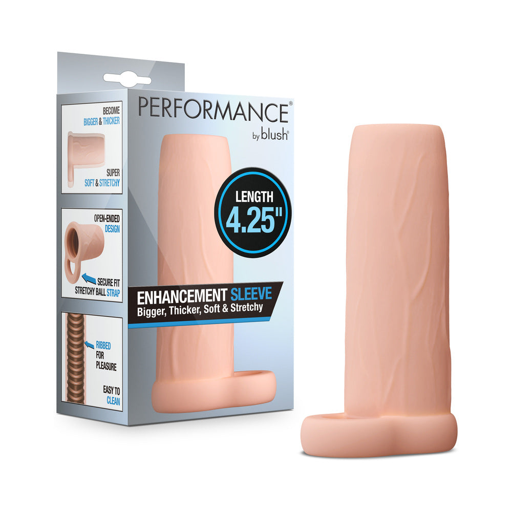 Performance 4.25 in. Enhancement Sleeve Blush Performance 4.25-inch enhancement sleeve beside its gray retail package